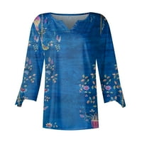 Клирънс дамски модерен печат на туника блуза ризи с v-образно деколте свободни пуловер удобни меки върхове синьо m