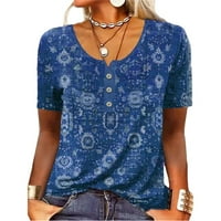 Дамски блузи блуза жени плюс къс ръкав сладък солиден летен хенли ризи върхове синьо