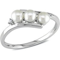 Бяла култивирана сладководна перла и диамант - акцент 10кт бял златен байпас пръстен