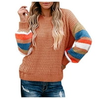 Aoksee пуловери за женски цвят цветен блок пуловер кабел плетен дъга и райета блуза с дълъг ръкав