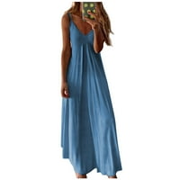 Просвета летни рокли за жени Дължина на глезена Темперамент A-Line Solid Party V-Neck Dress Blue 5xl