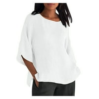 Женски ленени ризи ръкав кръгла шия тениски блузи плюс размер удобни леки ежедневни летни върхове