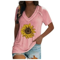Дамски блузи летни блузи за жени дамска тениска в-Деколте слънчоглед печат Пуловер ежедневни Къси ръкави Топ розов ххл