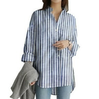 Блузи за жени облечени ежедневни плюс размер женска нова риза райета отпечатана цепка с дълъг ръкав Бутон за ежедневни горни сини xs