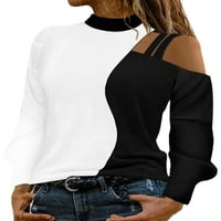 Тениска от тениска с дълъг ръкав Lumento Тениска студено рамо тей удобни върхове Цветният блок пуловер черен 2xl