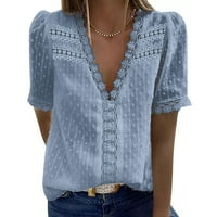 Жени модна дантела с къс ръкав небрежна тениска v шия солиден цвят отгоре xxxl