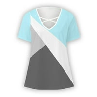 Bazyrey Womens V-образно деколте върхове женски къс ръкав пачуърк блуза ежедневни туники ризи сини 2xl