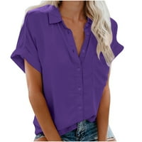 Qilakog Summer Fashion Woman Топс Причинен бутон Твърди цветна тениска с къс ръкав V-образен сборник офис работа блузи върхове летни върхове