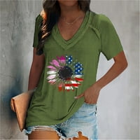 Cuoff блуза женска тениска v денят на независимостта на вратата Слънчогледов печат Пуловер Небрежен къс ръкав Топ Зелен L полиестер