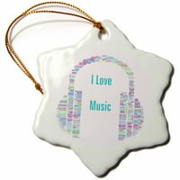 3Drose изображение на I Love Music с музикални думи на слушалки - орнамент на снежинка