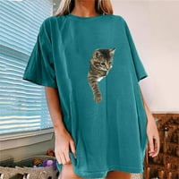 Дамски огромни ризи 3D котка печат с дълъг ръкав екипаж на врата пуловер туники лятни ежедневни графични върхове блузи блузи