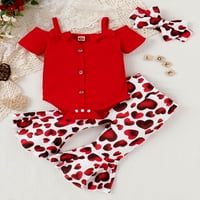 Lamuusaa Свети Валентин Денят на бебета дрехи дрехи Set Solid Color Bow Sling Off-Remper Romper Heart Print Flare Pants Headband Комплект