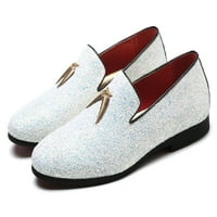 Santimon Mens Loafers Метален блясък плъзгане на обувки за пушене Мокасини кожени обувки за рокли бяло 12. нас