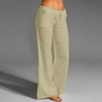 Дамски ленени панталони с широки крака с висока талия теглене на теглене на ежедневни панталони с джобове