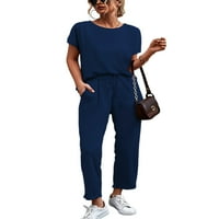 Sanviglor Ladies Loungewear Sep Secle Color Pajamas с къс ръкав Небрежни върхове панталони с джобове за сън с спални салон Съответстващи на вино Red 2xl