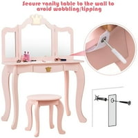 Детска суета маса и комплект стол, тоалетна маса за грим за принцеса с чекмедже и три сгъваемо огледало, в суета, комплект с разглобяем топ, преструвайте се за красота игра на суета за момичета