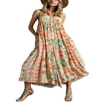 Grianlook Ladies Romper v Neck Jumbsuits без ръкави Vintage Tank Jumpsuit Floral Print Жени ретро плисирано плавно широк крак зелен xl