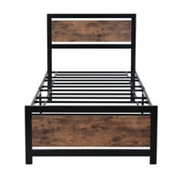 Аукфа двойна платформа легло, метална и дървена рамка легло с табла и степенка, спалня легло мебели, не Бо пролетта е необходимо, лесен за сглобяване, Черно