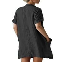 Grianlook Women Кратки мини рокли бутон надолу по слънчев разтвор плътно цветна тениска рокля дами свободни прости много джобни черни 4xl