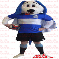 Синьо -бяло куче забележи талисман, облечен в спортни дрехи за ръгби - талисмани за кучета