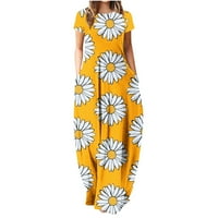 Рокли за жени, женско лято отпечатани къси ръкави кръгли викащи осезаеми рокля макси рокля от свободното време рокля жълто 2