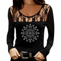 Ruziyoog Gifts for Women Women Tops O-Neck Lace Hollow Love Print Tops Небрежно блуза с дълъг ръкав