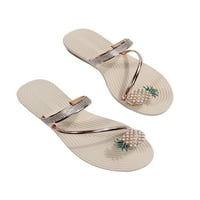 Wooklow Womens Flat Sandals Comfort Flip Flops Summer Fashion Flippers Дами ремък на сандали Стилни слайдове Rhinestone Лек златен ананас декор 4.5