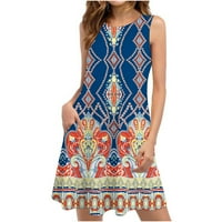 Smihono Women's Summer Tunic Boho Tank рокля с джобна модерна плюс размер плаж флорален слънчев екипаж на Crewneck Slim Fit Clowy Casual T-Shirt Sundress Smocked без ръкави рокля Blue 10