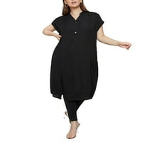 Небрежни плътни назъбени туника с къси ръкави черни плюс размери блузи