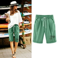 Жени Лято високо талийско памучно бельо панталони Панталони плюс размер къси панталони Lacing Beach Workout Pocket Lounge Пет точки панталони за жени зелени_ xxxxxl