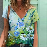 Плюс размер дамски върхове реколта флорални графични ризи облечени ежедневни v шия къс ръкав скрий корем блуза върхове за жени