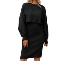 Пуловери пуловери за жени Леки жени с дълъг ръкав мързелив стил Модна плътна плетена рокля две средна вълнена рокля с един размер Черно