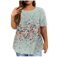 Huachen Womens Summer Vintage Floral Printing Плисиен къс ръкав ежедневна тениска отгоре плюс размер пуловер Основен връх