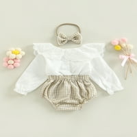 Бебе момиче пролетни дрехи комплект дълги ръкави дантела кукла яка ромперия боди карирана лента за глава