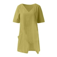 Дамски плюс размер неравномерна подгъва туника плътна блуза v врат тениска с къси ръкави с джобни върхове свободни годни летни ежедневни тийнейджъри жълти xxxxll