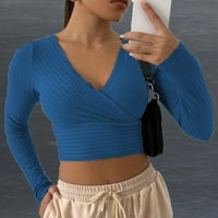 Женска модна есенна разхлабена блуза с дълъг ръкав v-образно деколте небрежни пуловер върхове блузи синьо в продажба