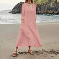 Cuoff летни рокли за жени модни ежедневни плътни цветови ръкави памучни бельо джобни рокли розово 4xl