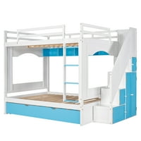 Двуетажно легло с две единични легла, шкаф за съхранение и Калъф за детска спалня, Бяло + синьо