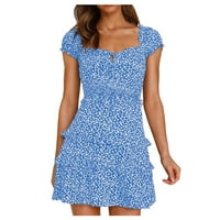 Рокли за жени с къс ръкав А-линия мини Кратко Случайни Лято площад деколте печатни рокля синьо с