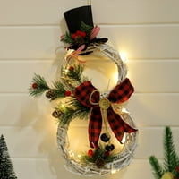 Kiskick LED осветление Коледно ратан кръг, кариран лък бор с червени плодове черна шапка декор за стена, декор на вратата на вратата висящ снежен човек гирлянда за парти