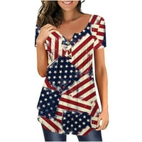 Американска риза на знамето жени патриотична риза Винтидж САЩ Изчезнала тениска 4 юли Тййп върхове Деня на независимостта Патриотичен бутон надолу върхове v-образ