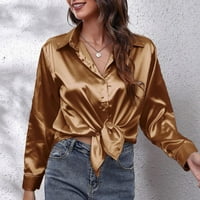 xiuh твърд цвят ревера шия сатенена риза Женска сатенена риза с дълги ръкави ежедневни разхлабени блуза от свободното време теглени ризи