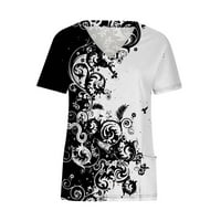 Дамски блузи жени модни печат с къс ръкав v-образни върхове работещи униформени джобни блуза бяло m