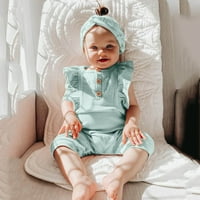 Mikilon Baby Baby Girls без ръкави Ruffles Solid Romper Jumpsuit+ленти за глава бебешки дрехи за момичета 12- месеца синьо на клирънс