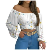 Gathrrgyp Женска блуза при клирънс за 5 долара, женски без презрамки с дълъг ръкав, отпечатване на рамо рамо рухен фенер ръкав реколта върхове
