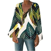 Женски v-образен деколте дълъг пуф ръкав пуловер ежедневно модна отпечатана разхлабена туника блуза работни ризи върхове върхове
