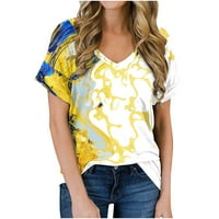 Дамски върхове модни дамски v шия ежедневно печат джобни къси ръкави тениски върхове жълти s