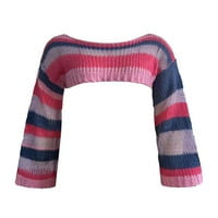 Ивицирани пуловери за печат за жени плетен пуловер с дълъг ръкав реколта топ тениска реколта улични дрехи Harajuku