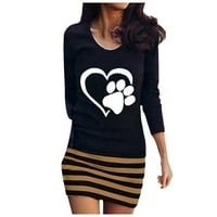 Strungten Women's Fashion New Cat Foot Heart Print кръгла шия с дълъг ръкав раирана рокля