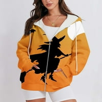 Хелоуин качулки за жени с есента на теглене плюс размер мода за Хелоуин Ghost Print с дълъг ръкав с качулка с качулка с джобове с джобове
